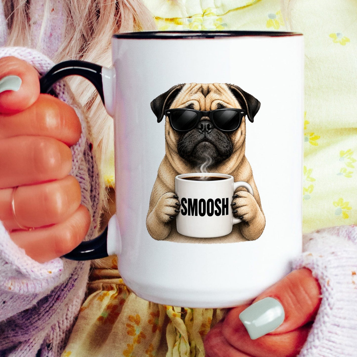 Pug Smoosh coffee mug — model