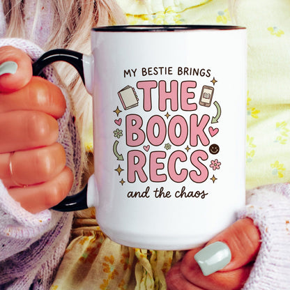 My Bestie Brings the Book Recs doodle coffee mug — lifestyle