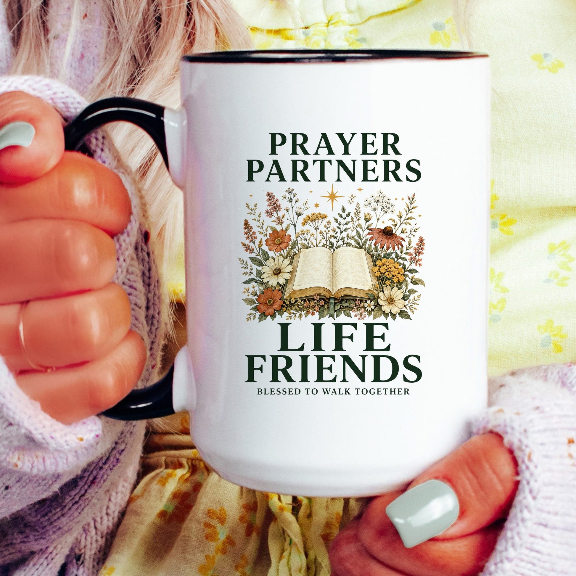 Prayer Partners, Life Friends coffee mug held by a model
