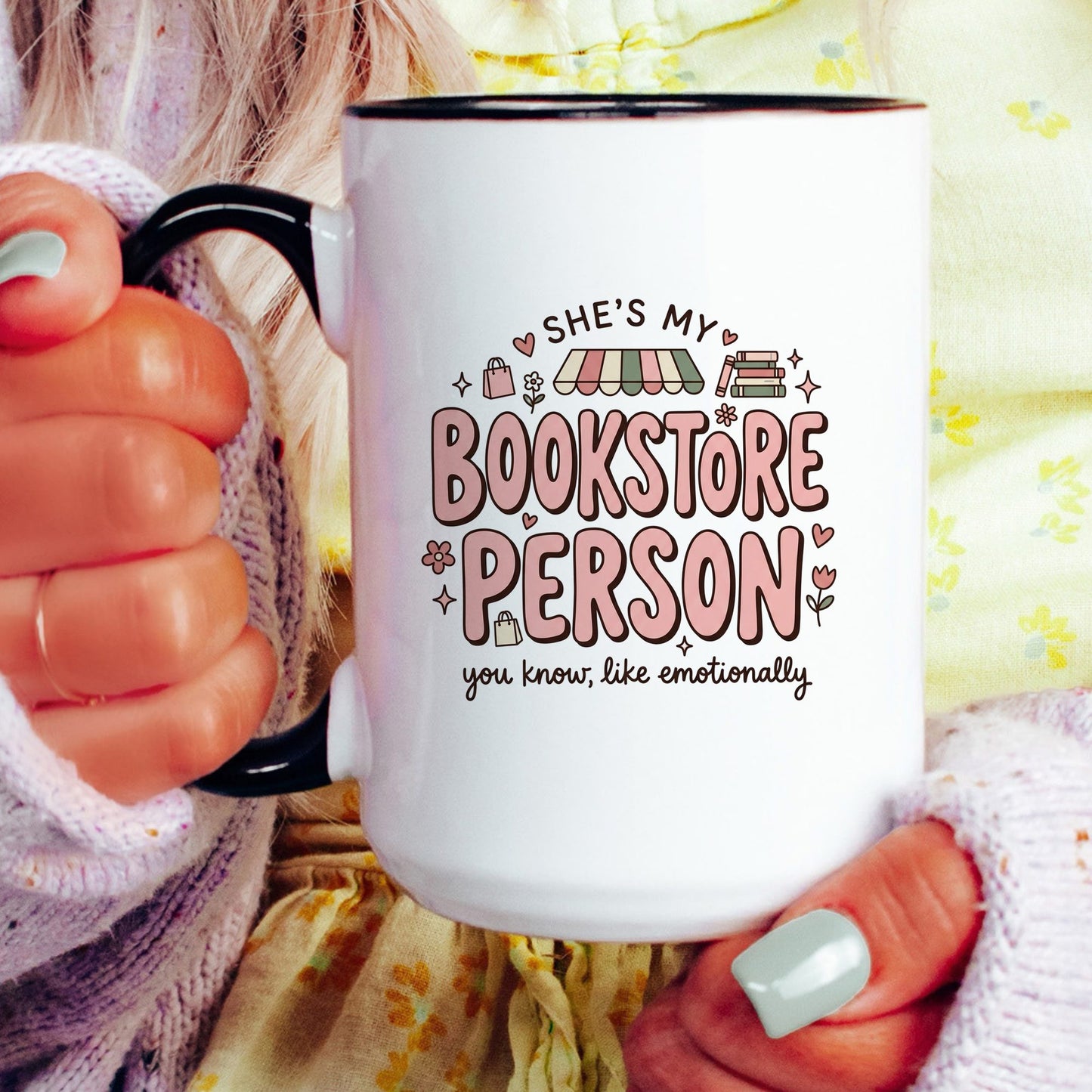 She’s My Bookstore Person doodle coffee mug — lifestyle