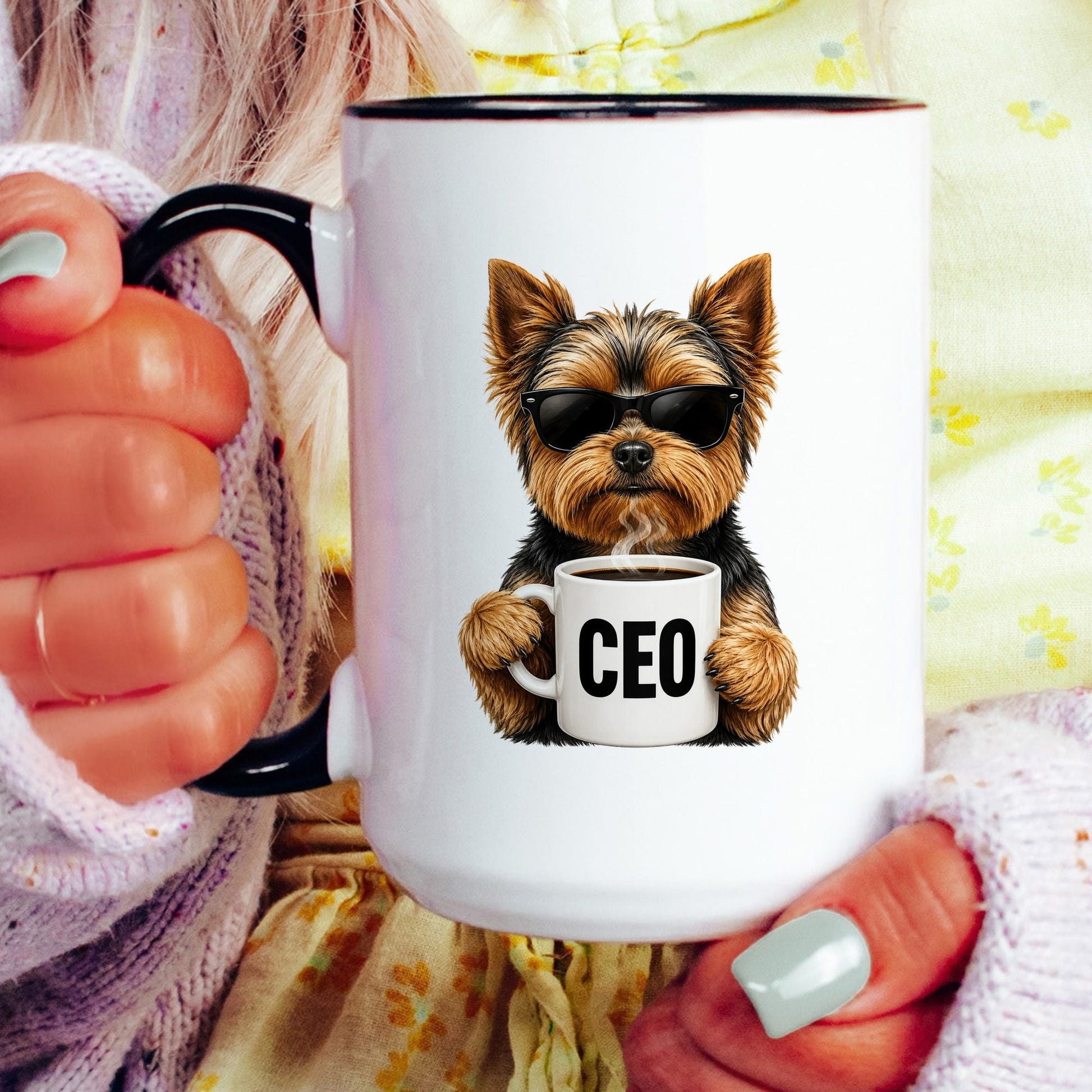 Yorkie CEO coffee mug — model