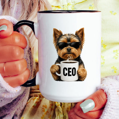 Yorkie CEO coffee mug — model