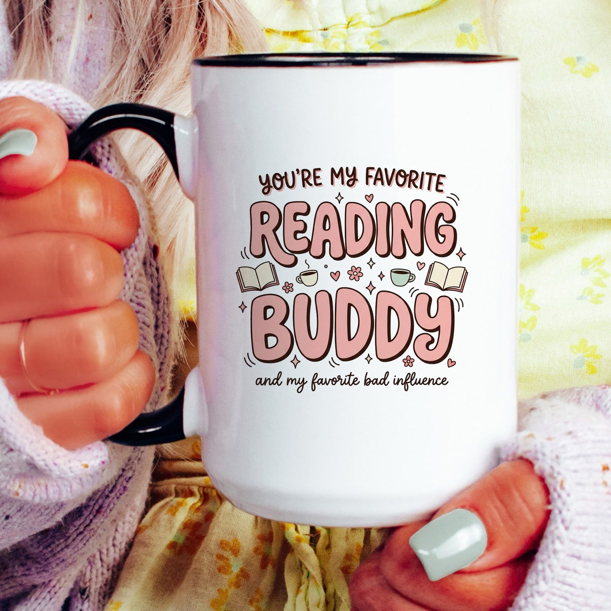 You’re My Favorite Reading Buddy doodle coffee mug — lifestyle