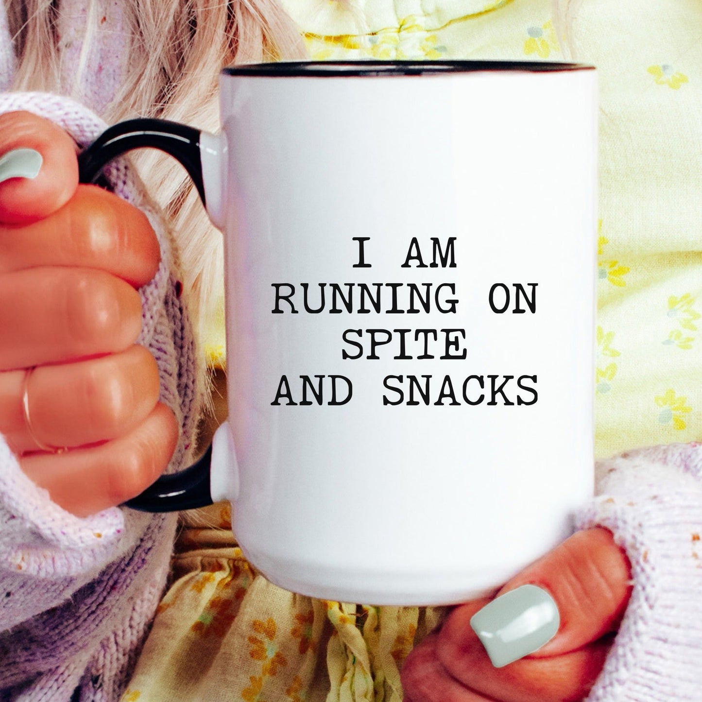 running on spite and snacks coffee mug