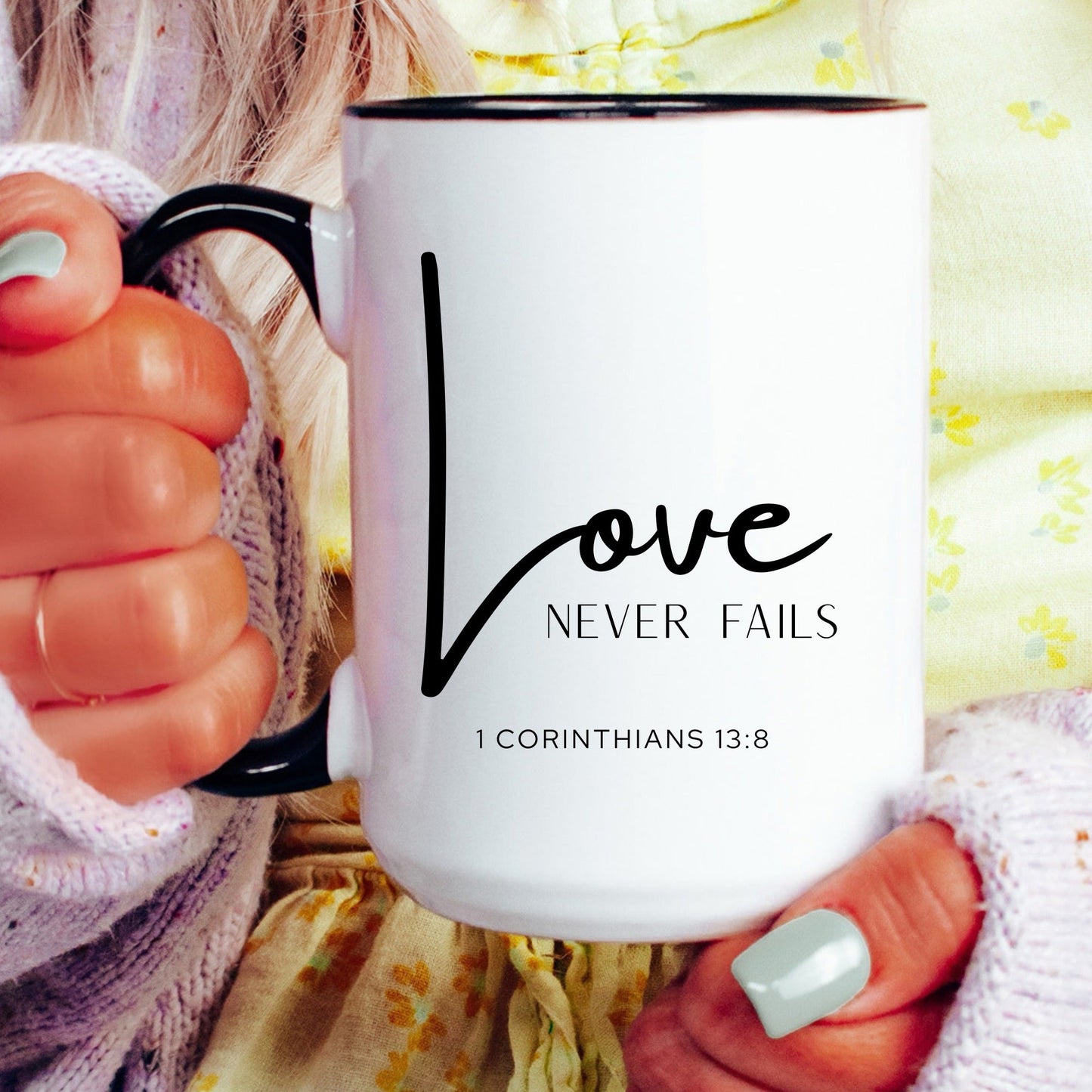 Love never fails 1 Corinthians 13:8 Christian coffee mug