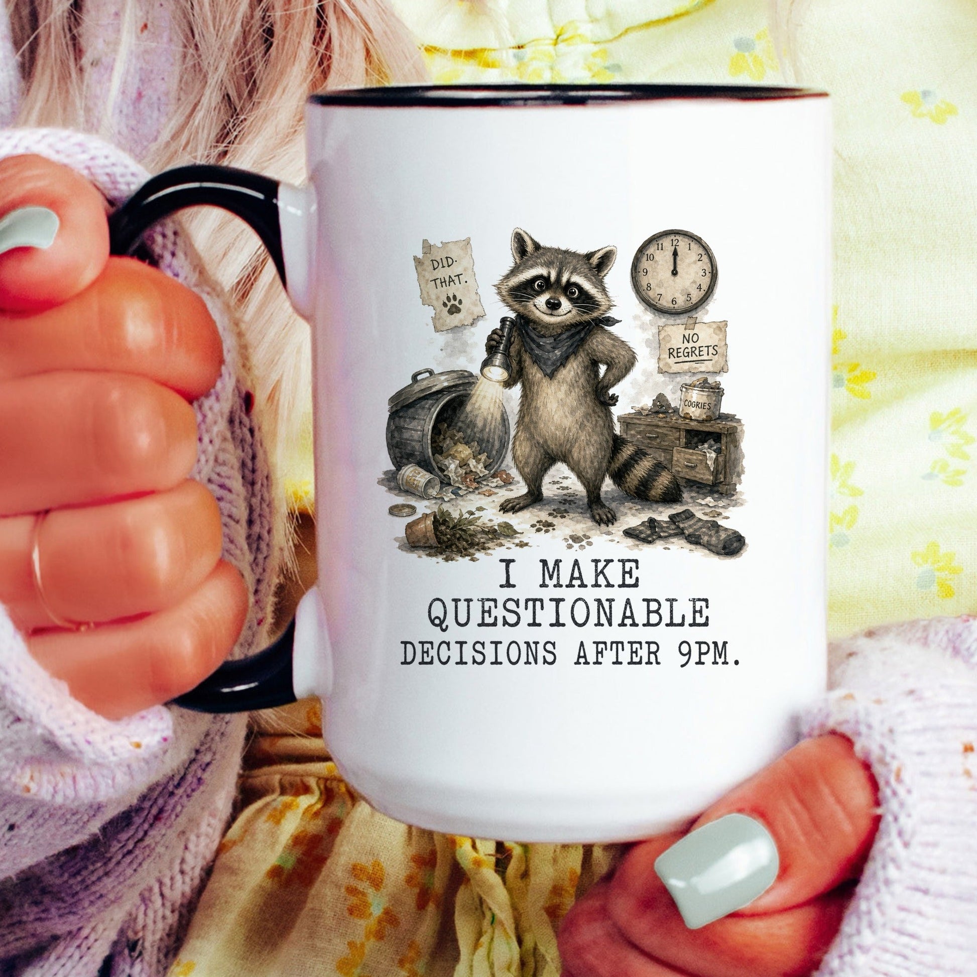 Lifestyle Photo #4 Questionable Decisions Raccoon Mug