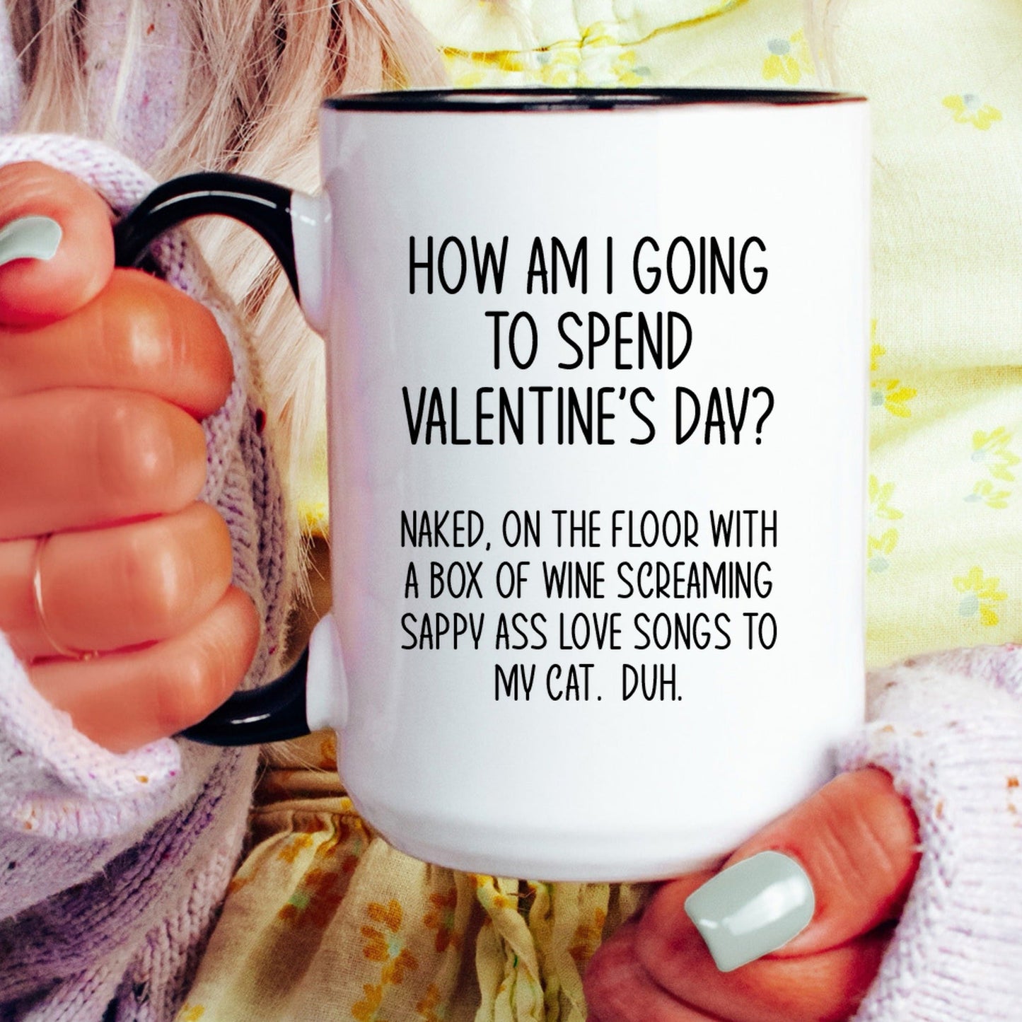 Funny cat anti valentine coffee mug lifestyle
