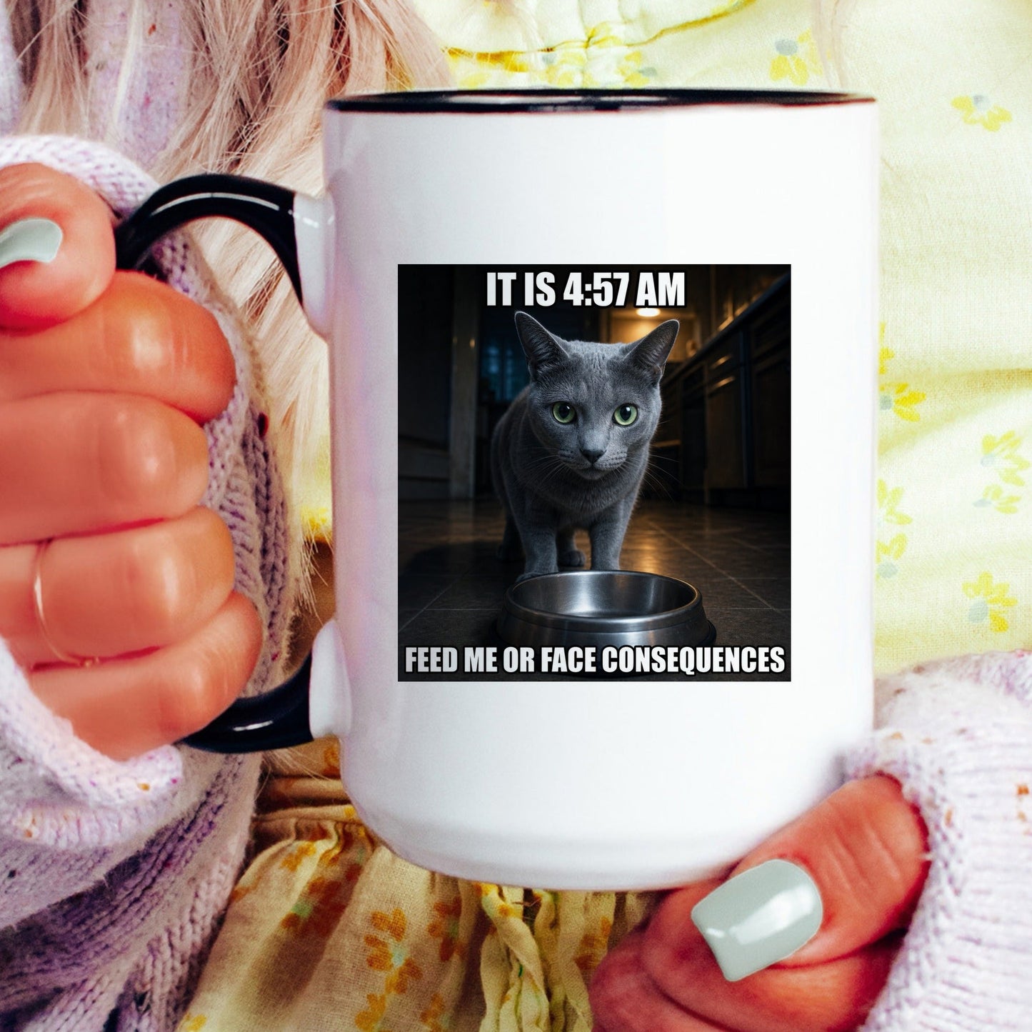 4 57 AM feed me or face consequences grey cat coffee mug