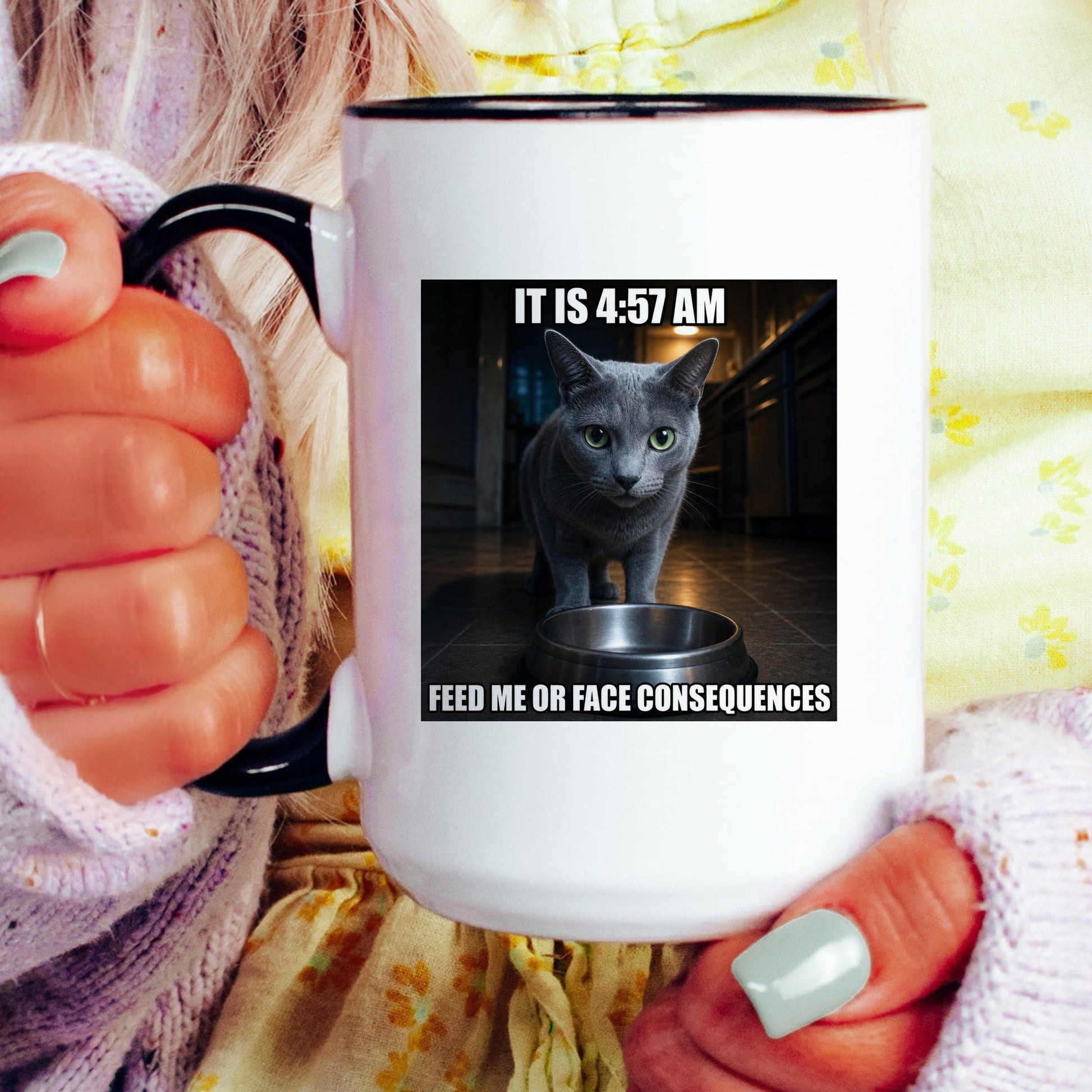 4 57 AM feed me or face consequences grey cat coffee mug
