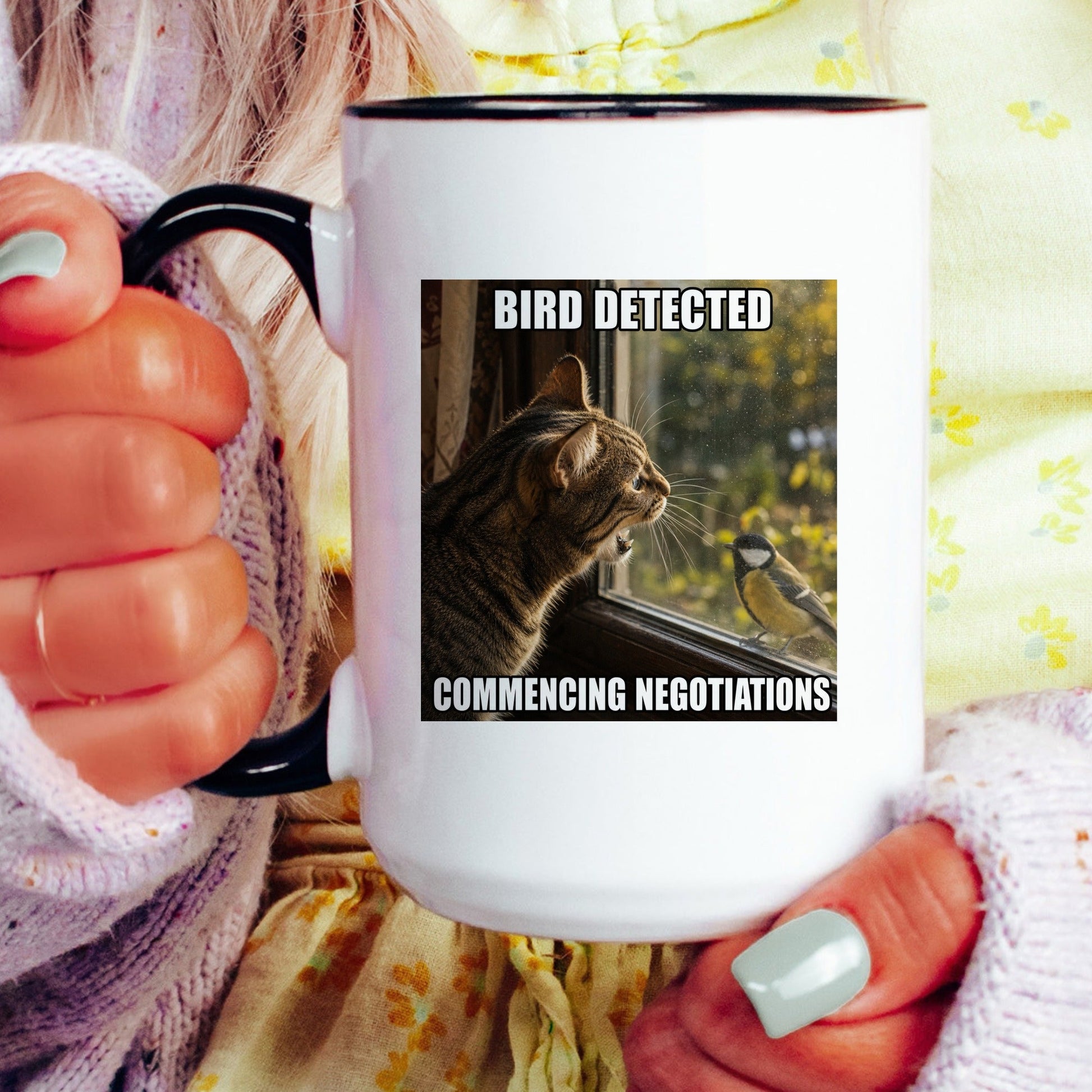 Bird detected commencing negotiations tabby cat coffee mug