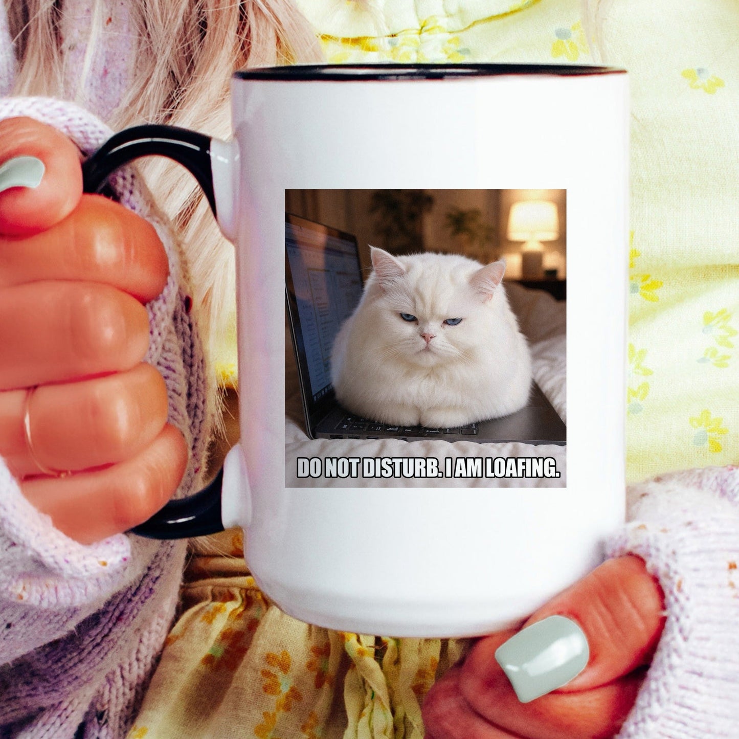 Do not disturb I am loafing white cat coffee mug