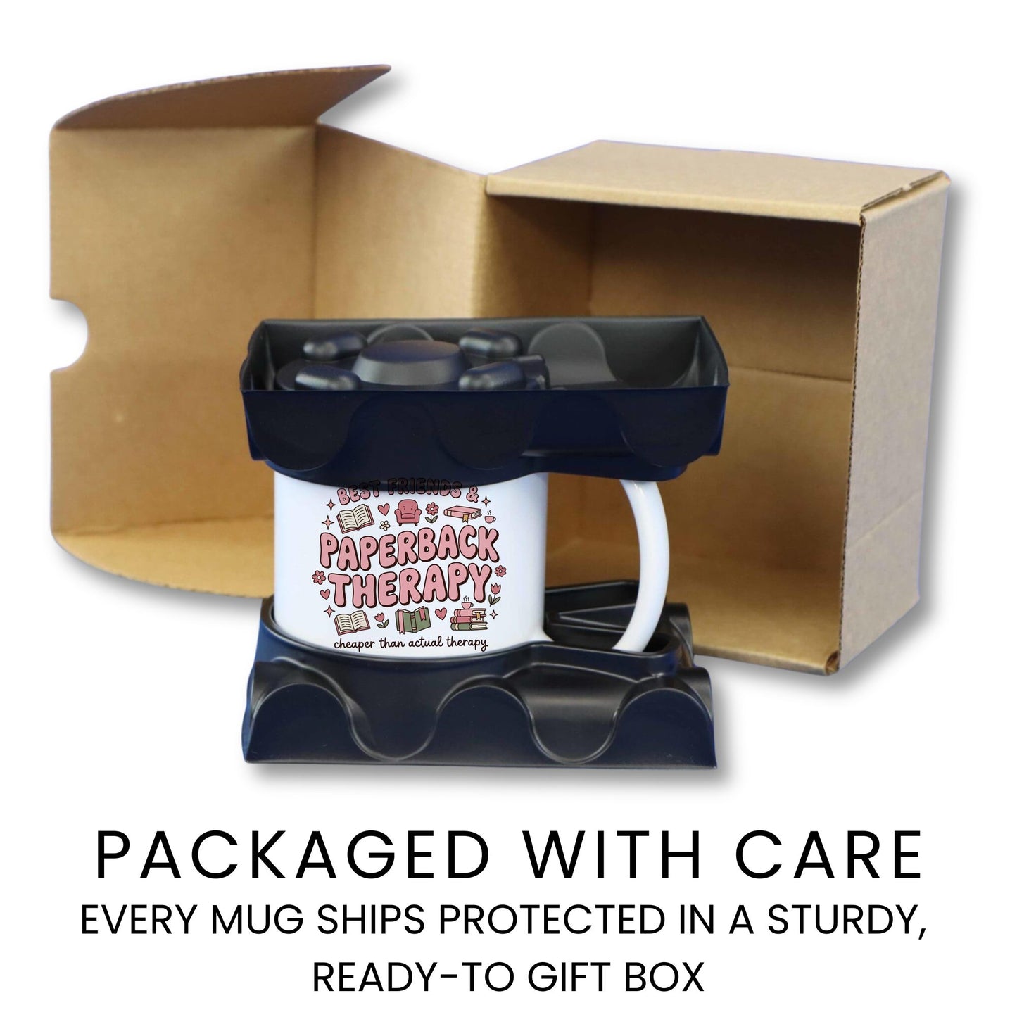 Best Friends & Paperback Therapy doodle coffee mug — lifestyle