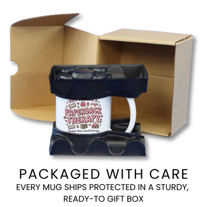 Best Friends & Paperback Therapy doodle coffee mug — lifestyle