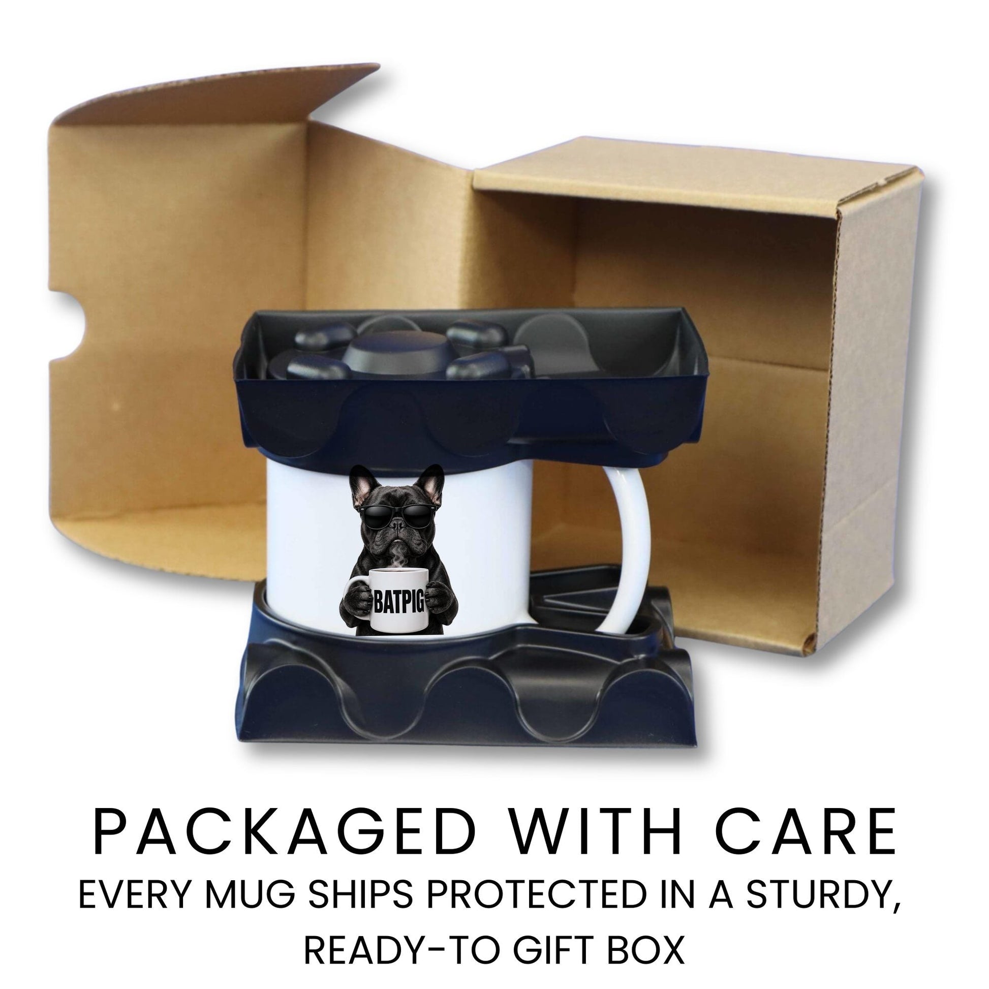 French Bulldog Batpig coffee mug — packaging