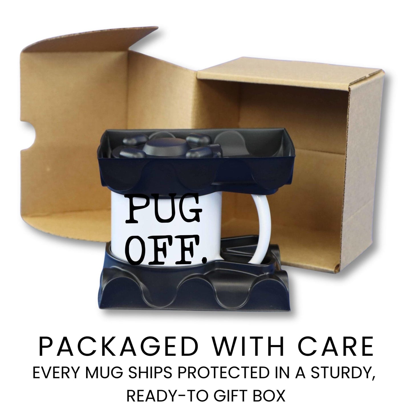 Pug Off coffee mug gift packaging