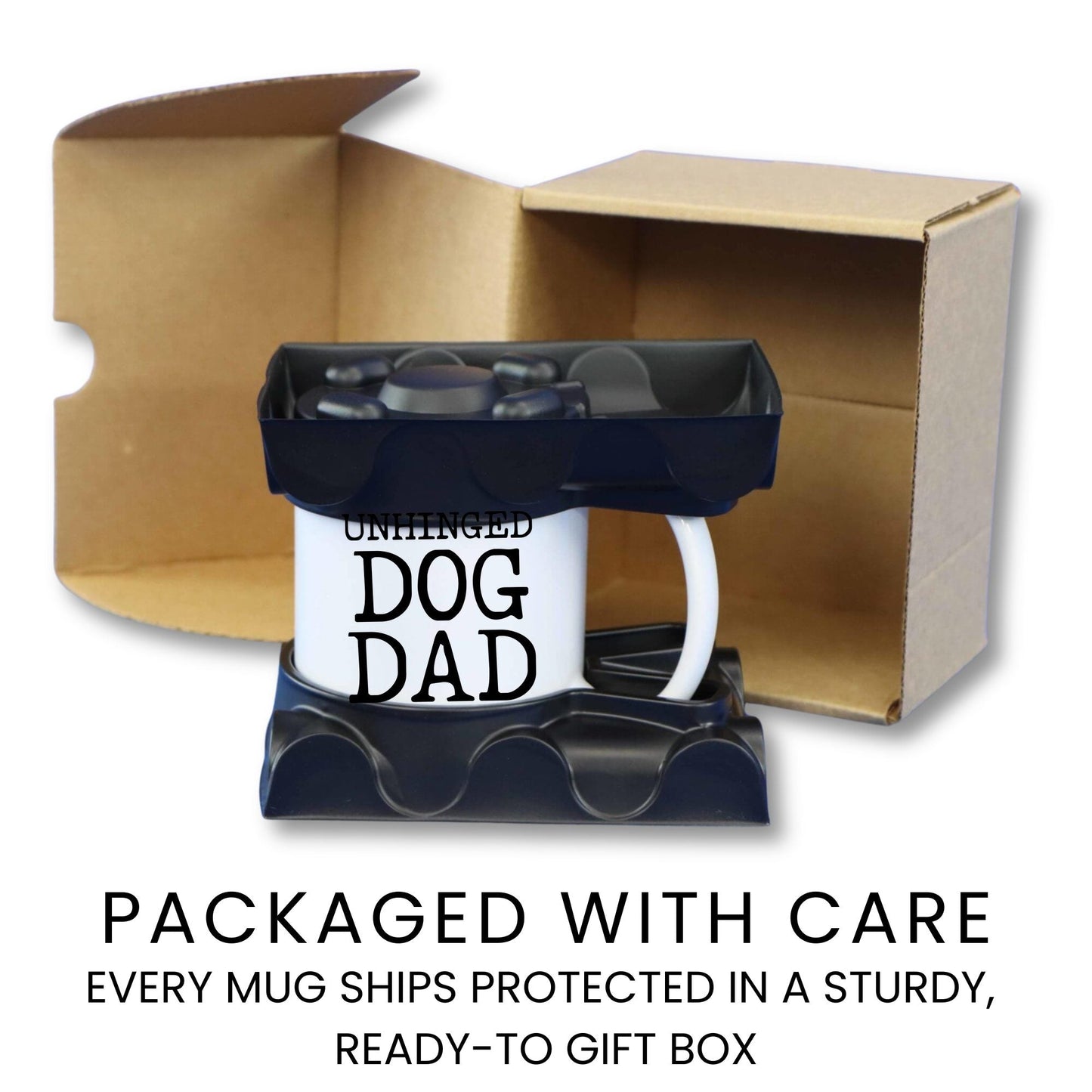 Unhinged Dog Dad coffee mug gift packaging