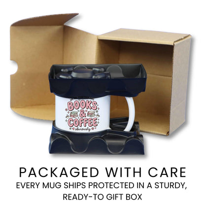 We Go Together Like Books & Coffee doodle coffee mug — lifestyle