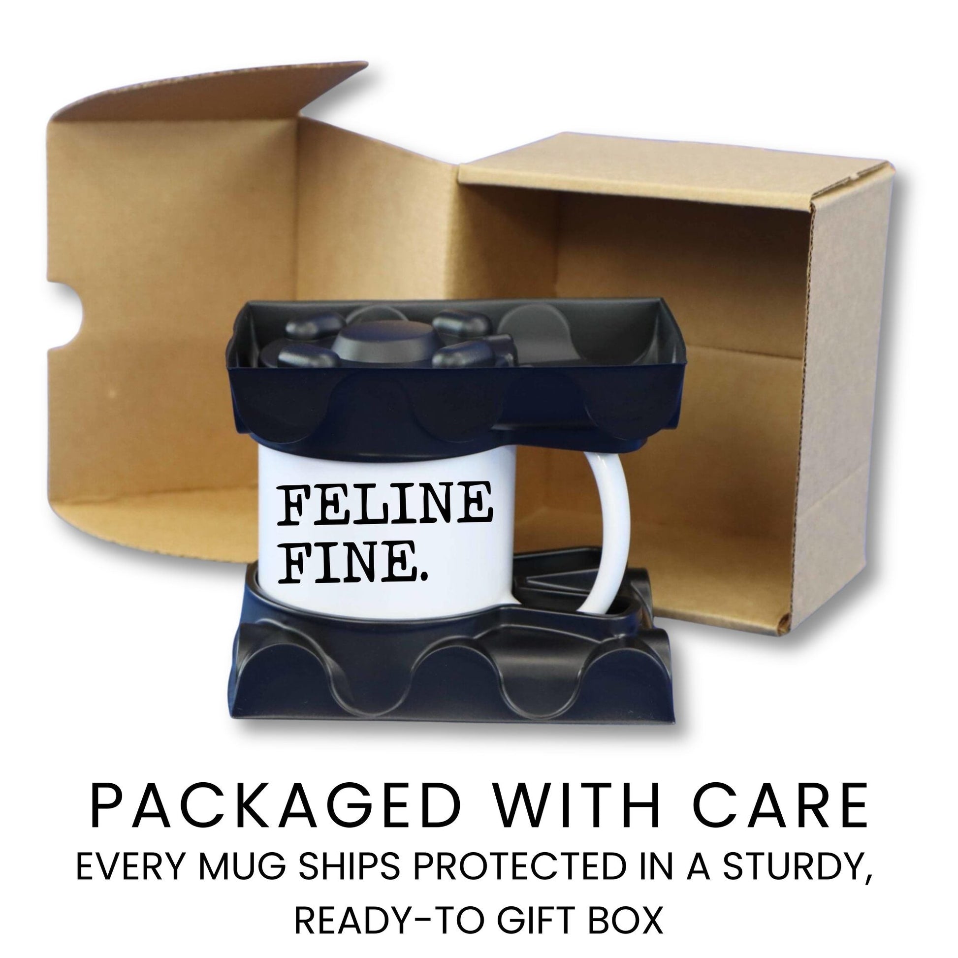 Feline Fine coffee mug gift packaging