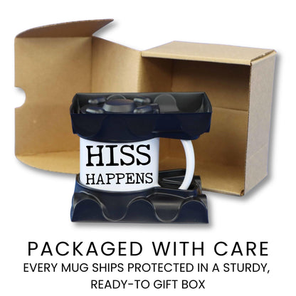 Hiss Happens coffee mug gift packaging