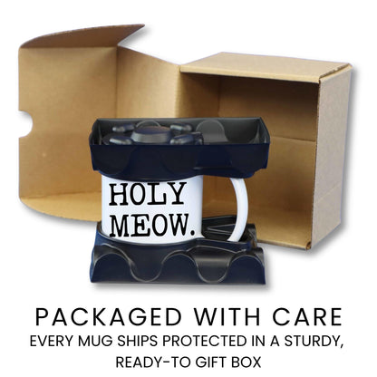 Holy Meow coffee mug gift packaging