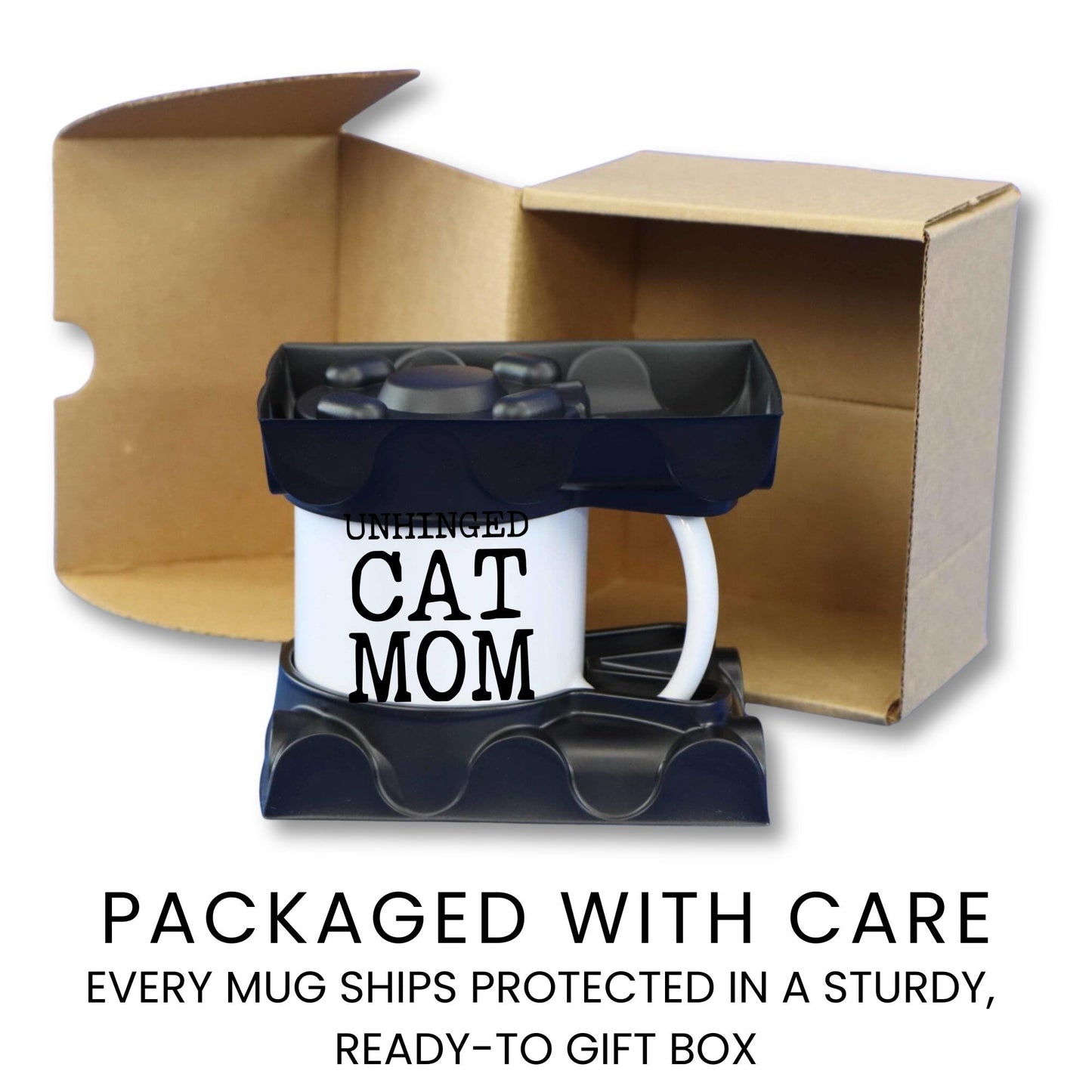 Unhinged Cat Mom coffee mug gift packaging