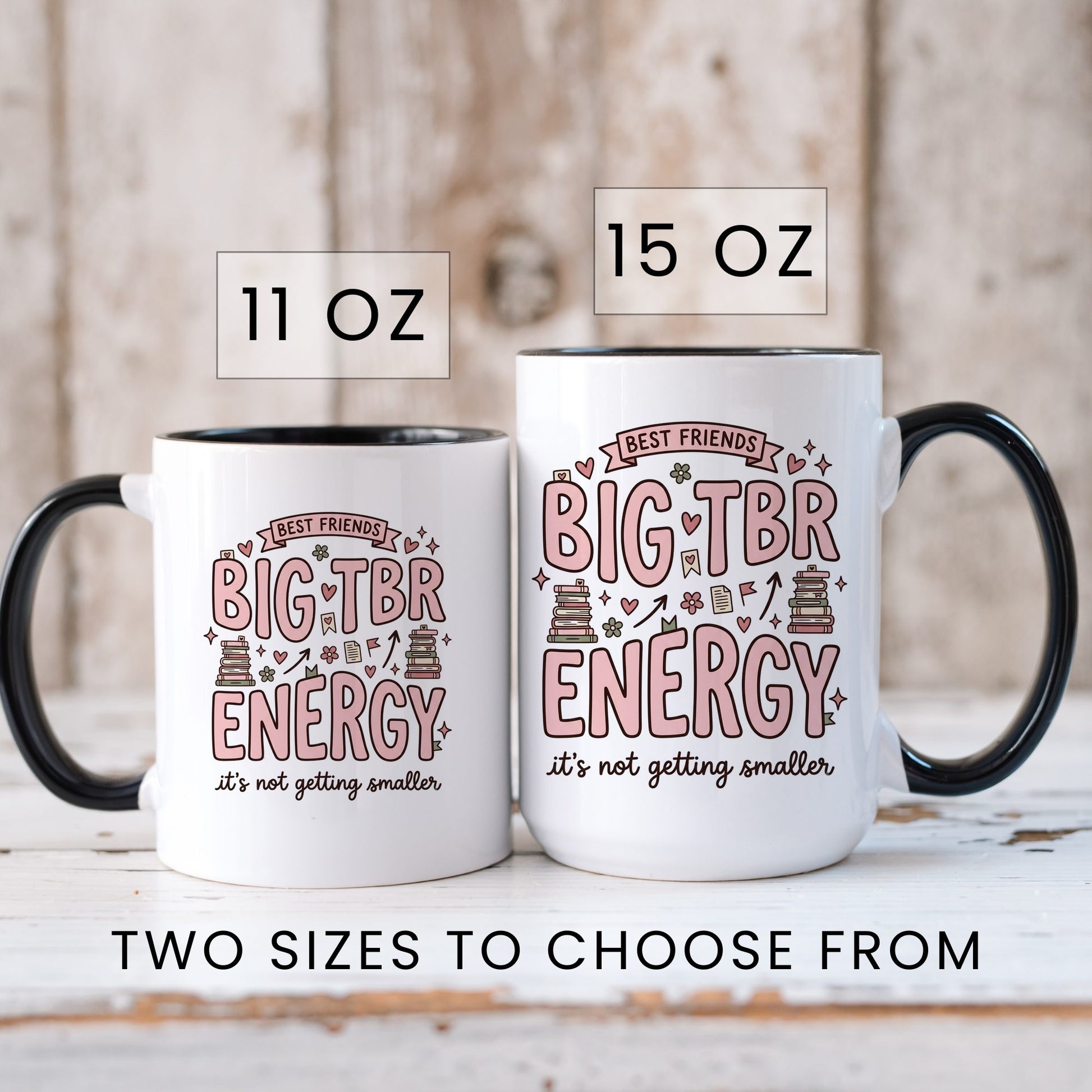 Best Friends & Big TBR Energy doodle coffee mug — lifestyle