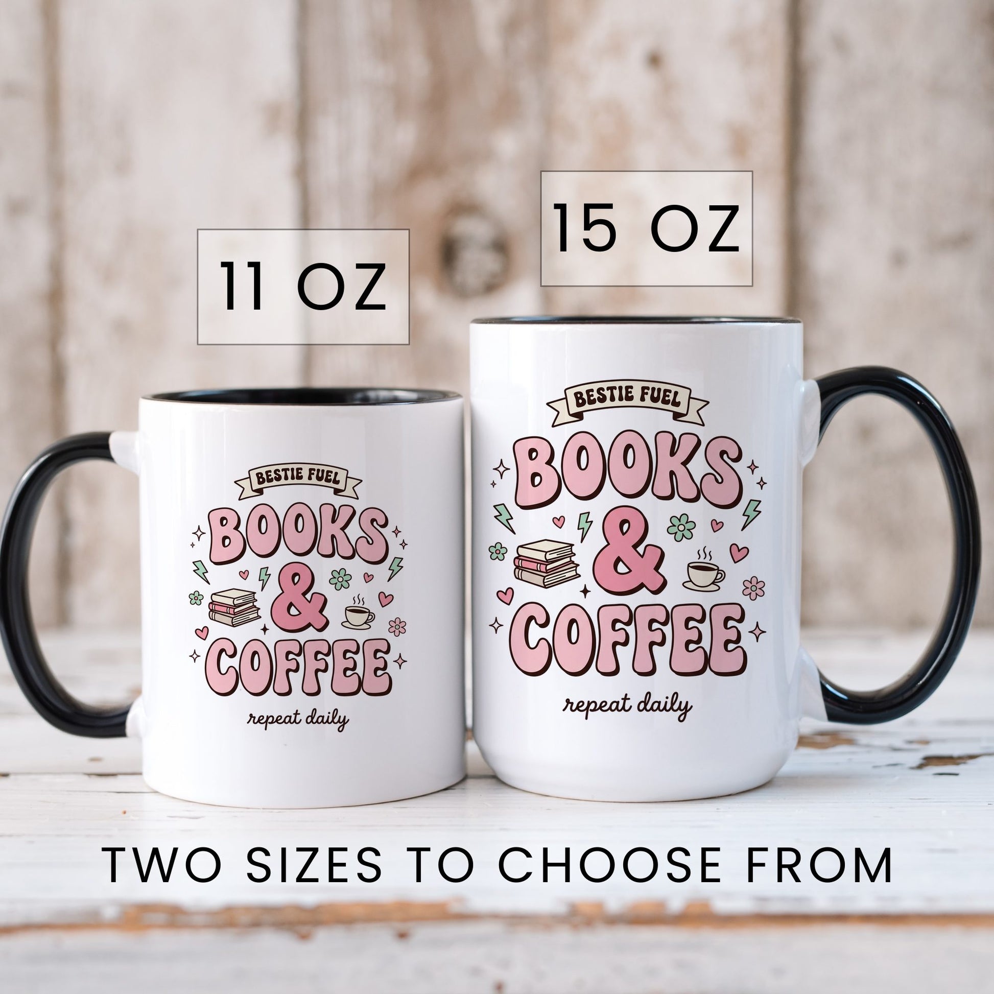 Bestie Fuel Books & Coffee doodle coffee mug — lifestyle
