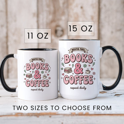 Bestie Fuel Books & Coffee doodle coffee mug — lifestyle