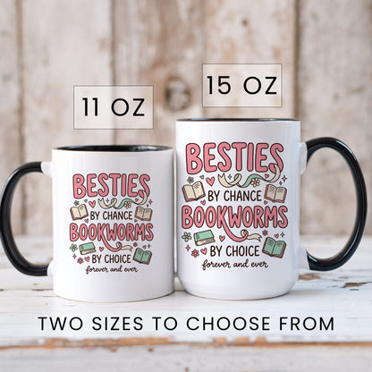 Besties by Chance, Bookworms by Choice doodle coffee mug — lifestyle