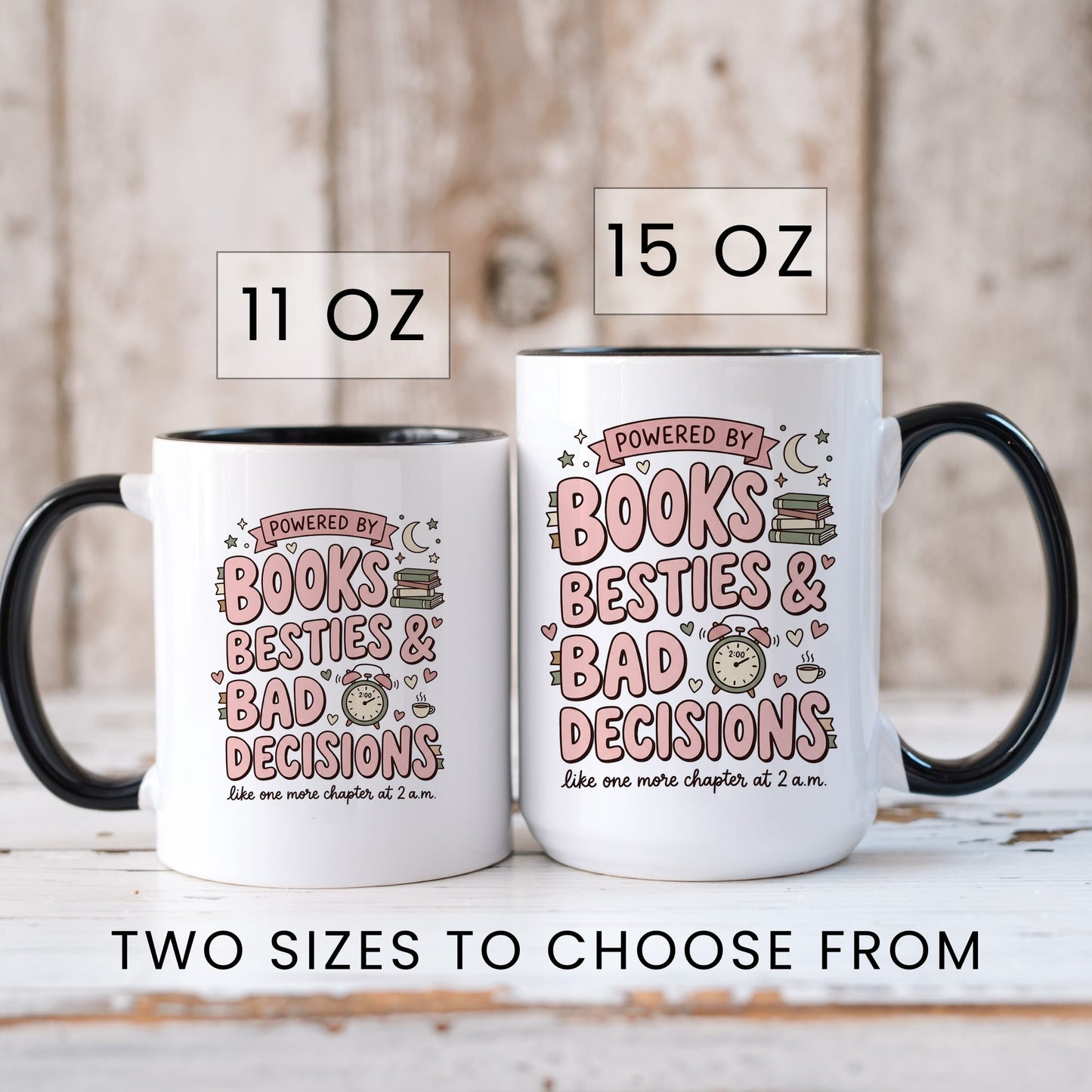 Books, Besties & Bad Decisions doodle coffee mug — lifestyle