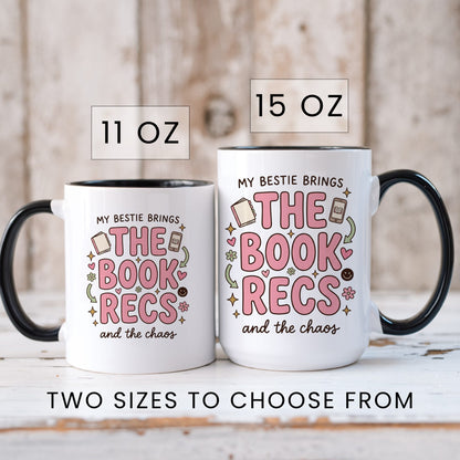My Bestie Brings the Book Recs doodle coffee mug — lifestyle