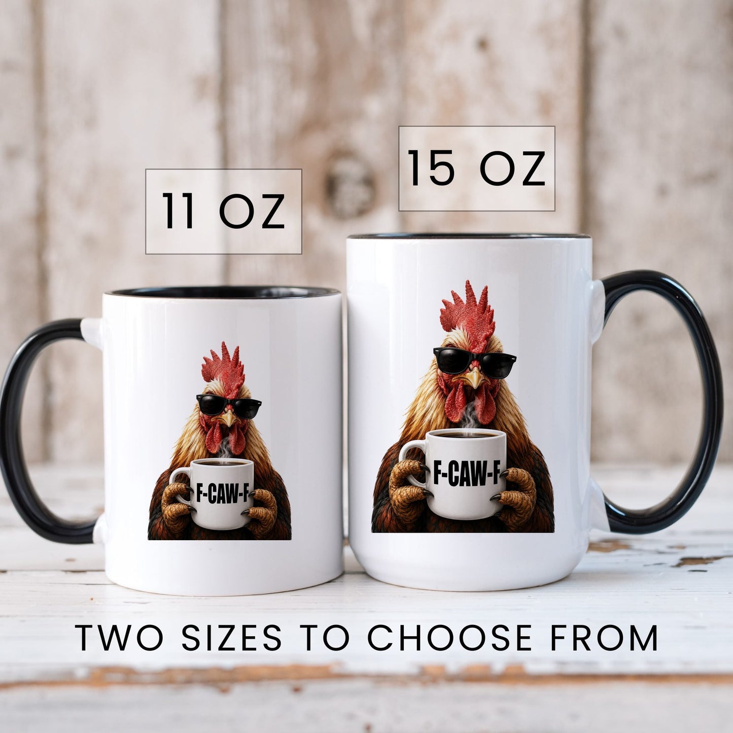 Rooster F-Caw-F coffee mug — sizes