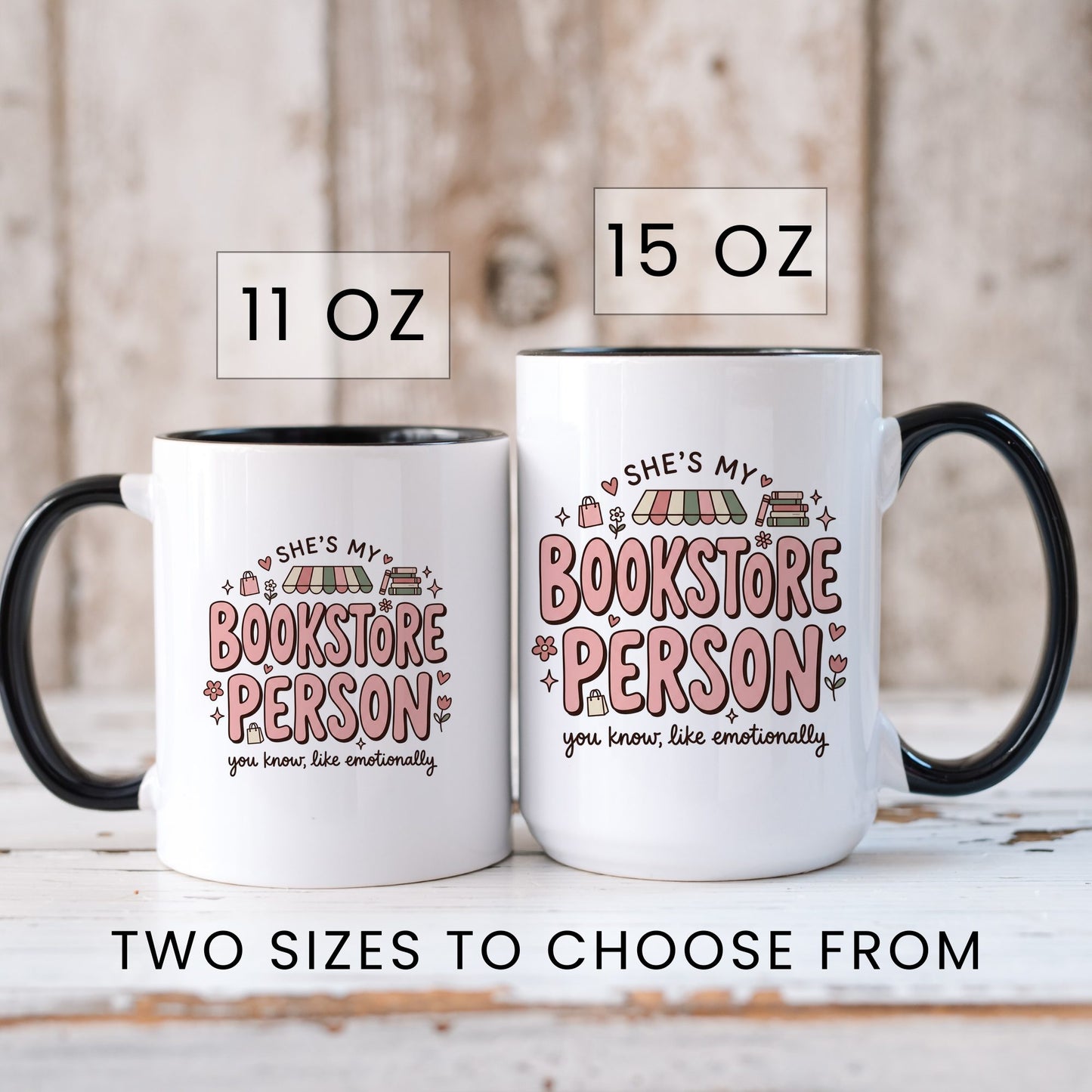 She’s My Bookstore Person doodle coffee mug — lifestyle