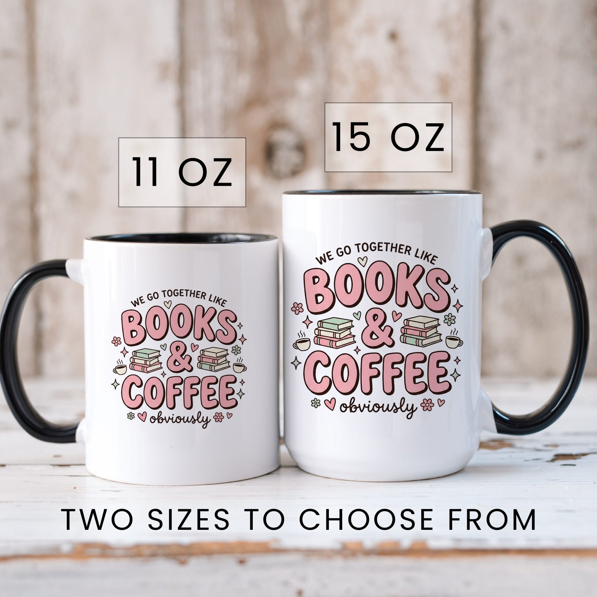 We Go Together Like Books & Coffee doodle coffee mug — lifestyle