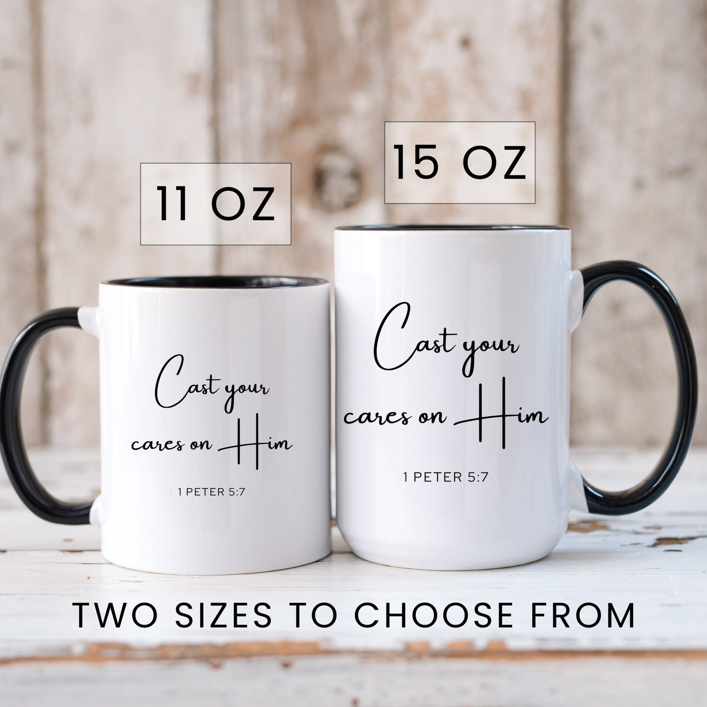 Cast your cares on him 1 Peter 5:7 Christian coffee mug