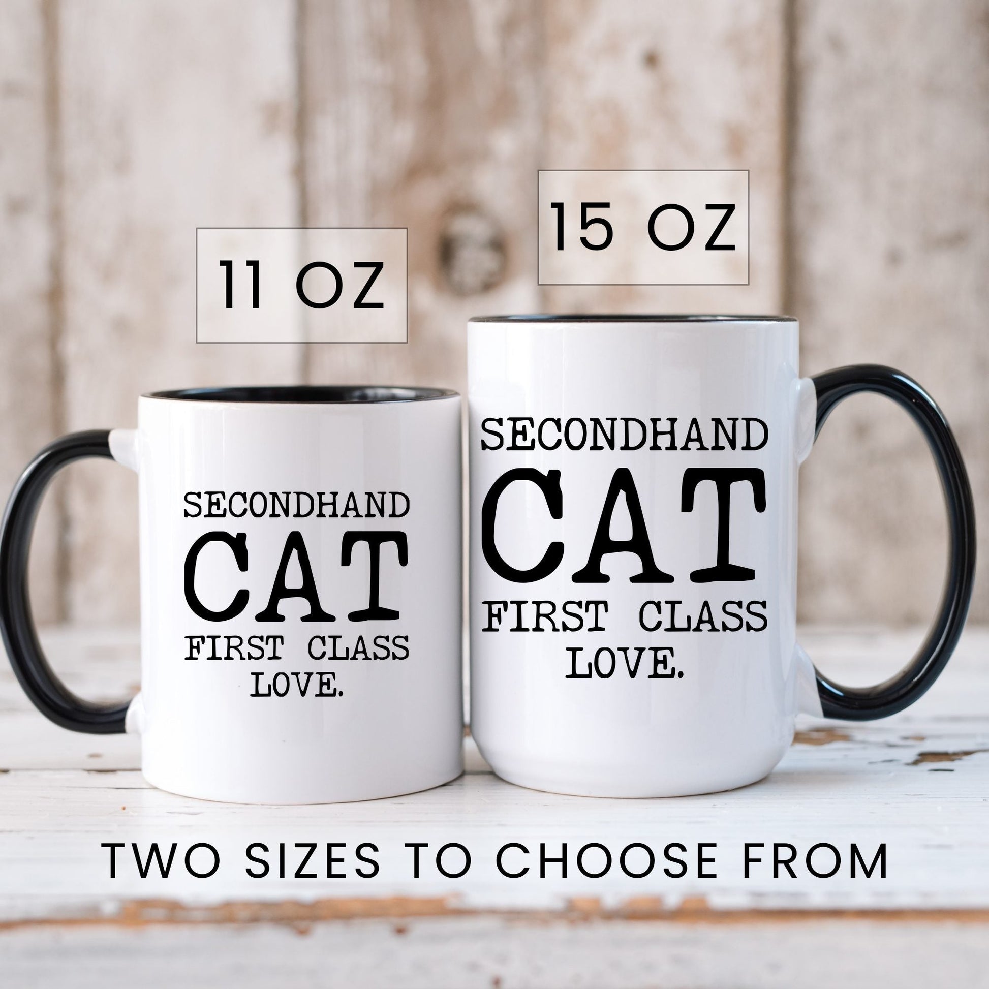 Secondhand Cat First Class Love coffee mug in 11oz and 15oz sizes