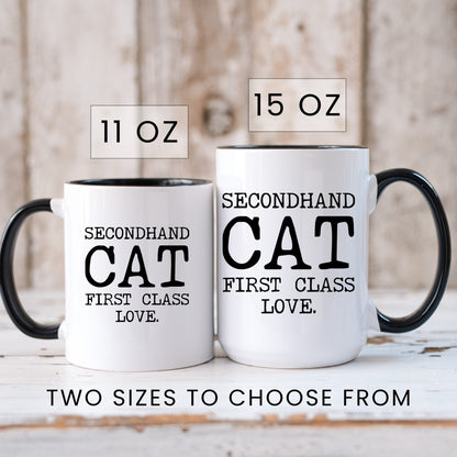 Secondhand Cat First Class Love coffee mug in 11oz and 15oz sizes