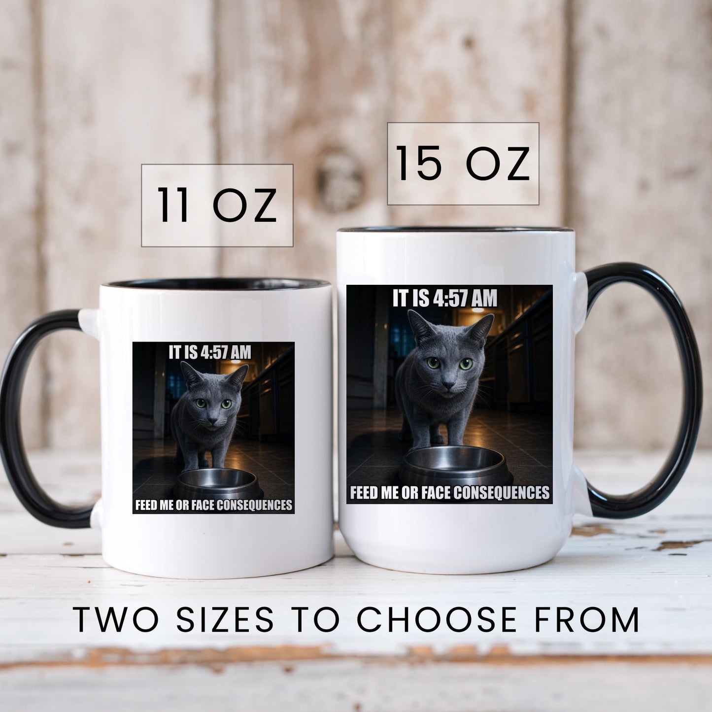 4 57 AM feed me or face consequences grey cat coffee mug