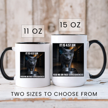 4 57 AM feed me or face consequences grey cat coffee mug