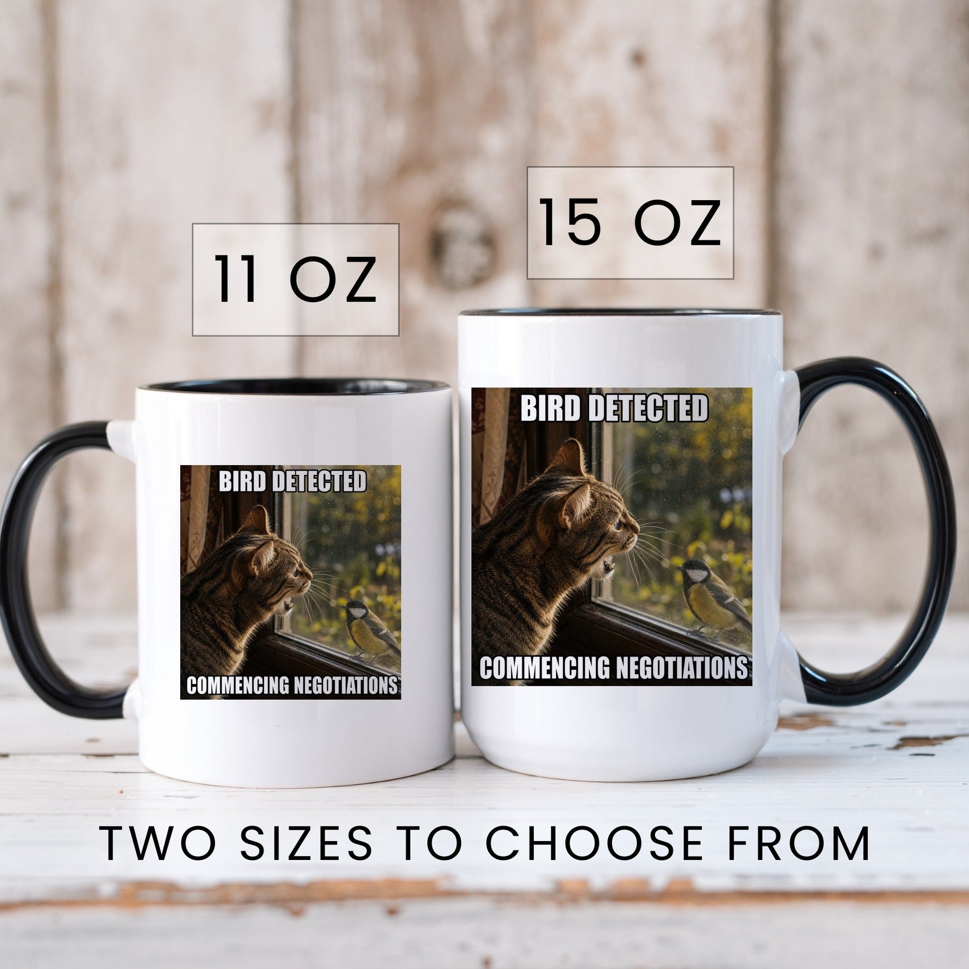 Bird detected commencing negotiations tabby cat coffee mug