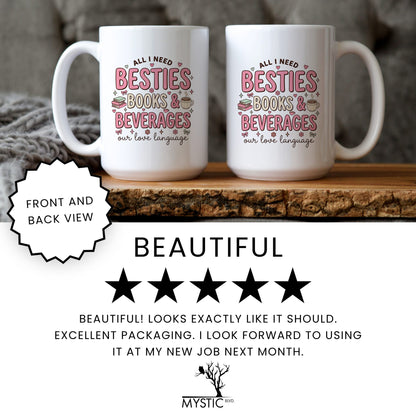 Besties, Books & Beverages doodle coffee mug — lifestyle