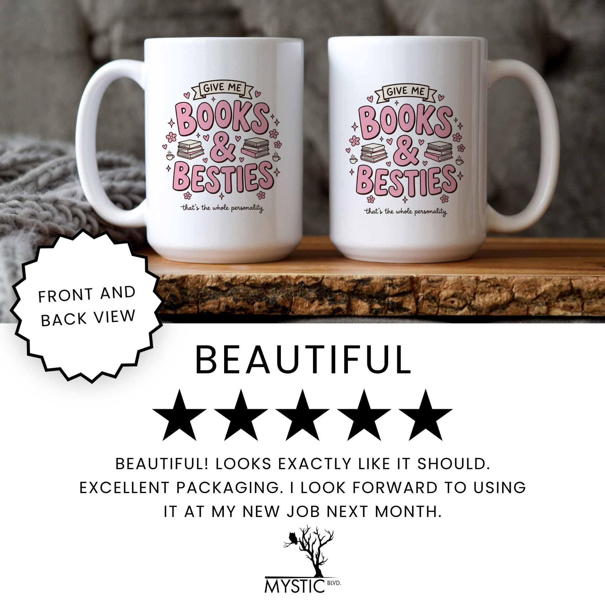 Books & Besties doodle coffee mug — lifestyle