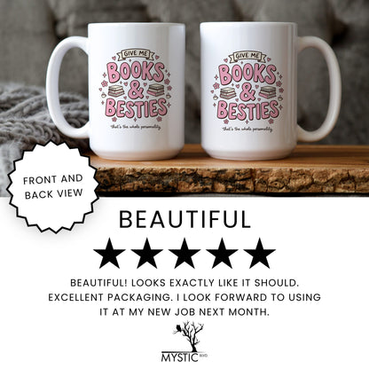 Books & Besties doodle coffee mug — lifestyle