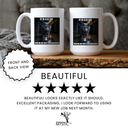 4 57 AM feed me or face consequences grey cat coffee mug