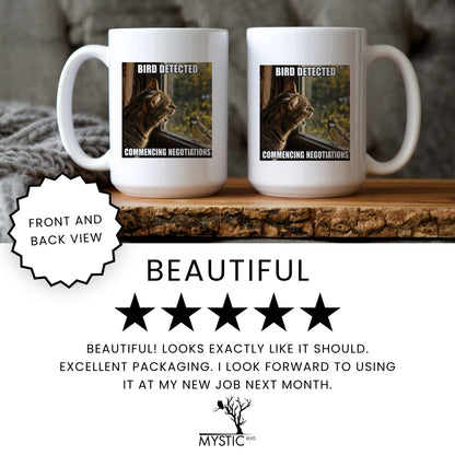 Bird detected commencing negotiations tabby cat coffee mug