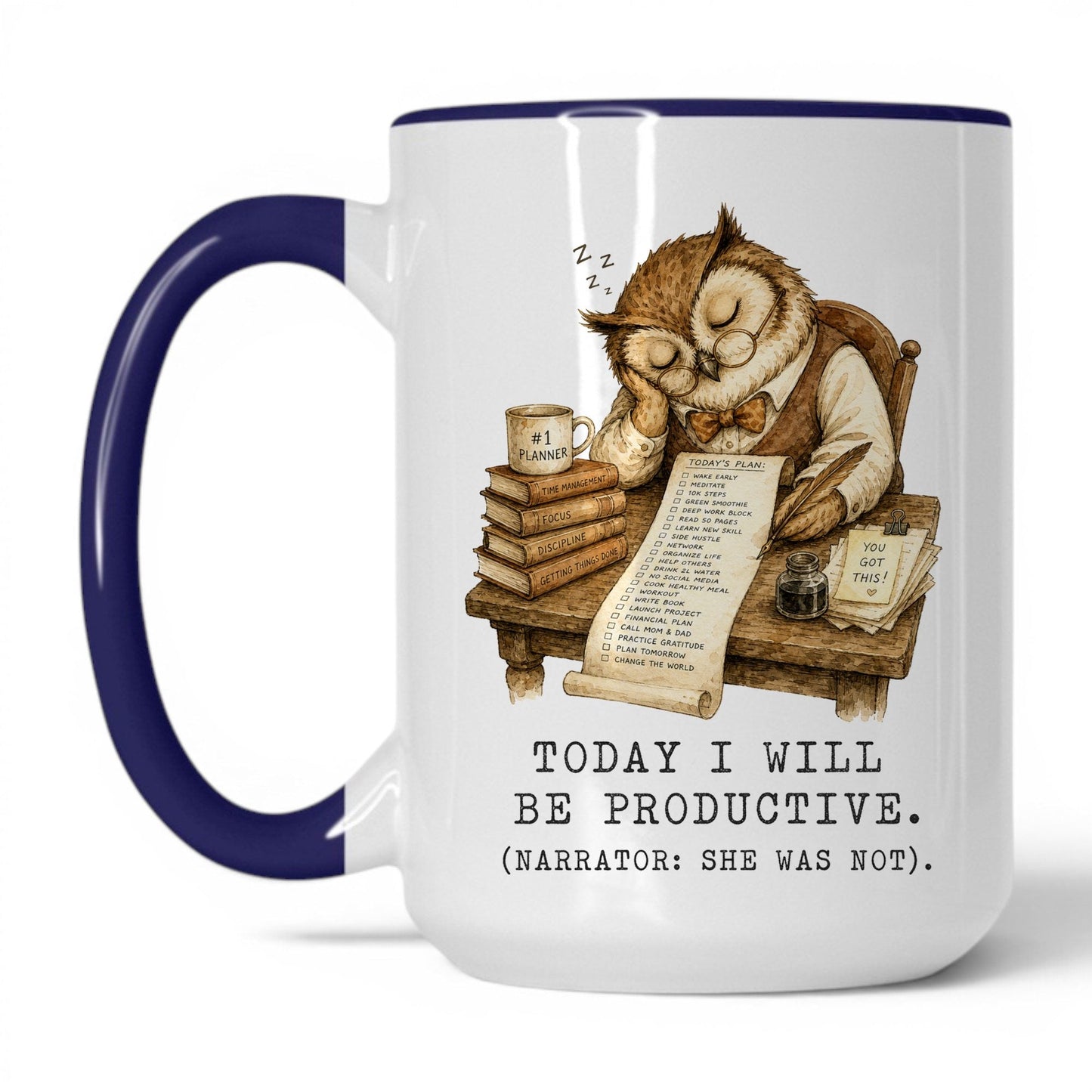 Today I Will Be Productive Owl Mug – 15oz White Midnight Blue Mug