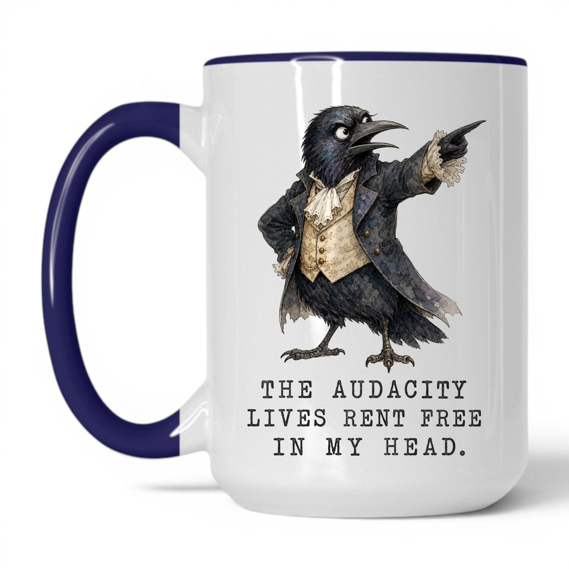 Audacity Lives Rent Free Crow Mug – 15oz White/Midnight Blue Mug