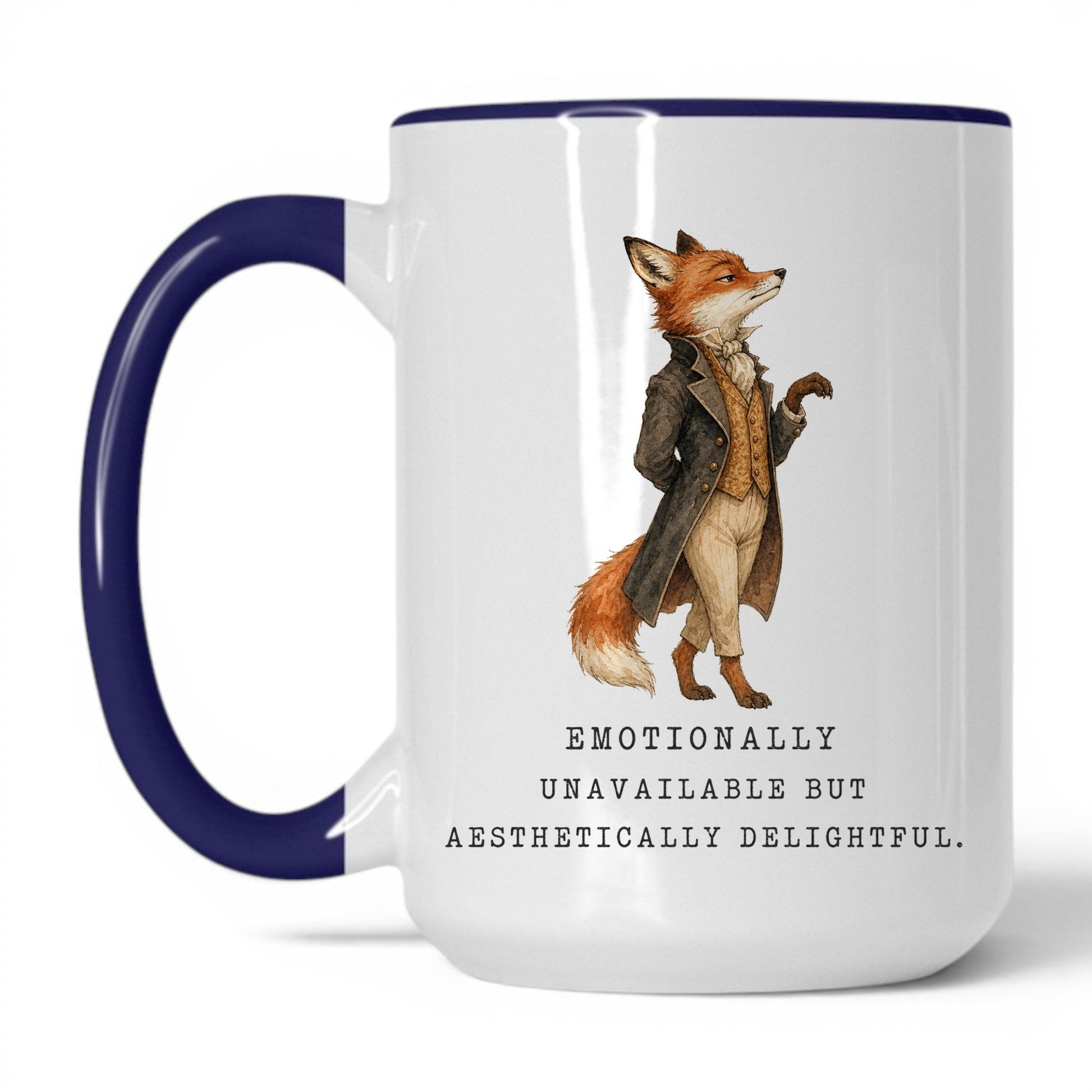 Emotionally Unavailable Fox Mug – 15oz White Midnight Blue Mug