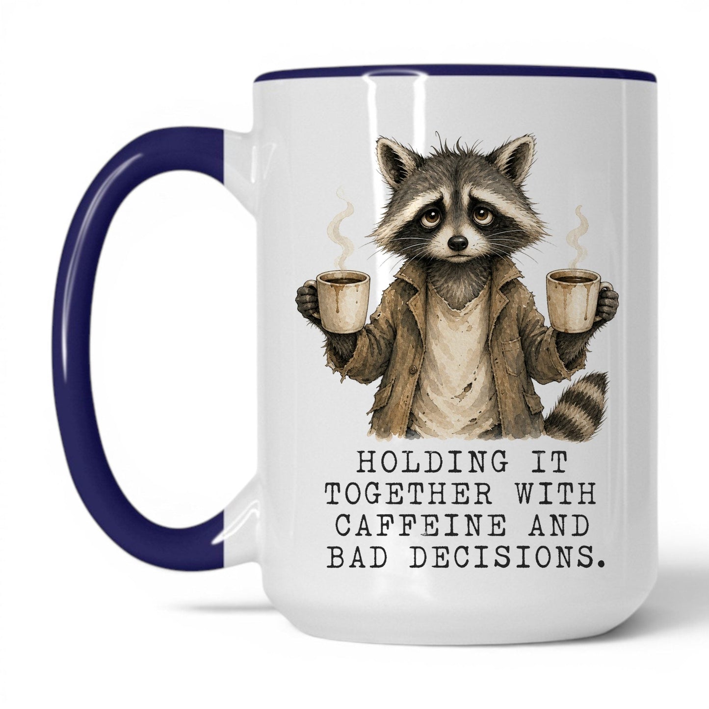 Caffeine and Bad Decisions Raccoon Mug – 15oz White Midnight Blue Mug