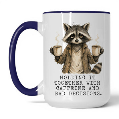 Caffeine and Bad Decisions Raccoon Mug – 15oz White Midnight Blue Mug